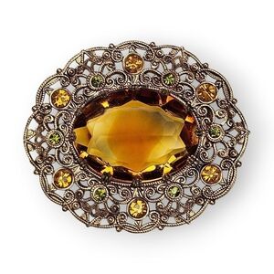 Western Germany Amber Glass Brooch Layered Brass Filigree Oval Faceted Vintage